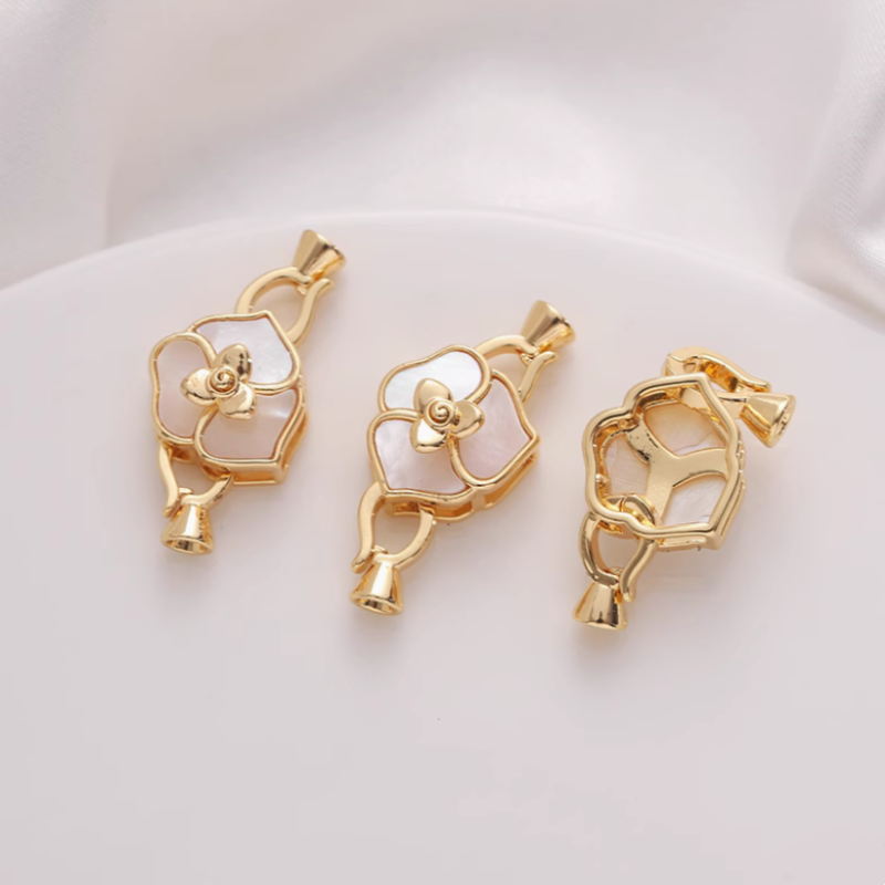 Brass Plated Shell Inlaid Flower Fold Over Clasp