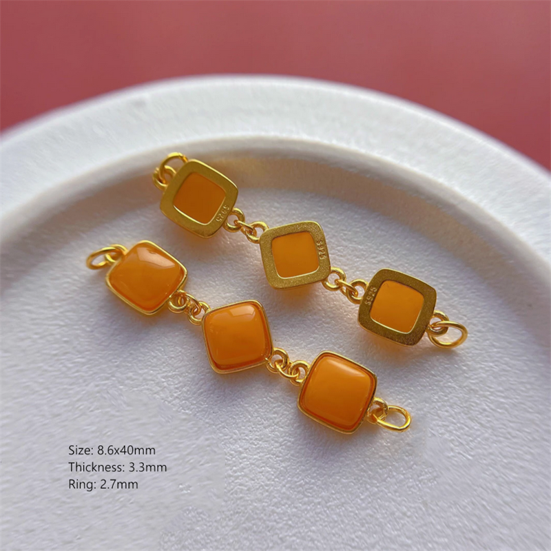 925 Silver Base Nature Beeswax Amber Stone Beads Spacer Charms Pendant