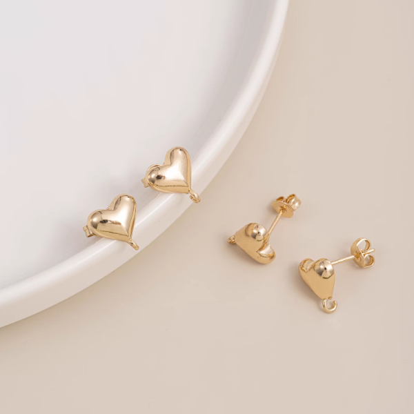 1 Pairs Brass 14K Gilded Heart Earring Studs With Hanging Ring