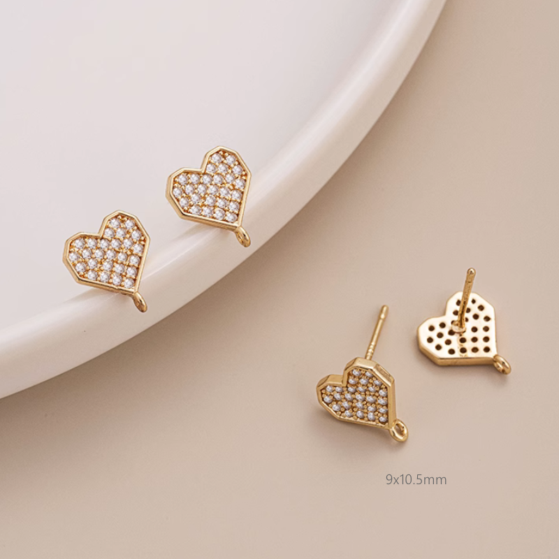1 Pair Brass 14K Gilded Zircon/Dispensing Heart Earring Studs