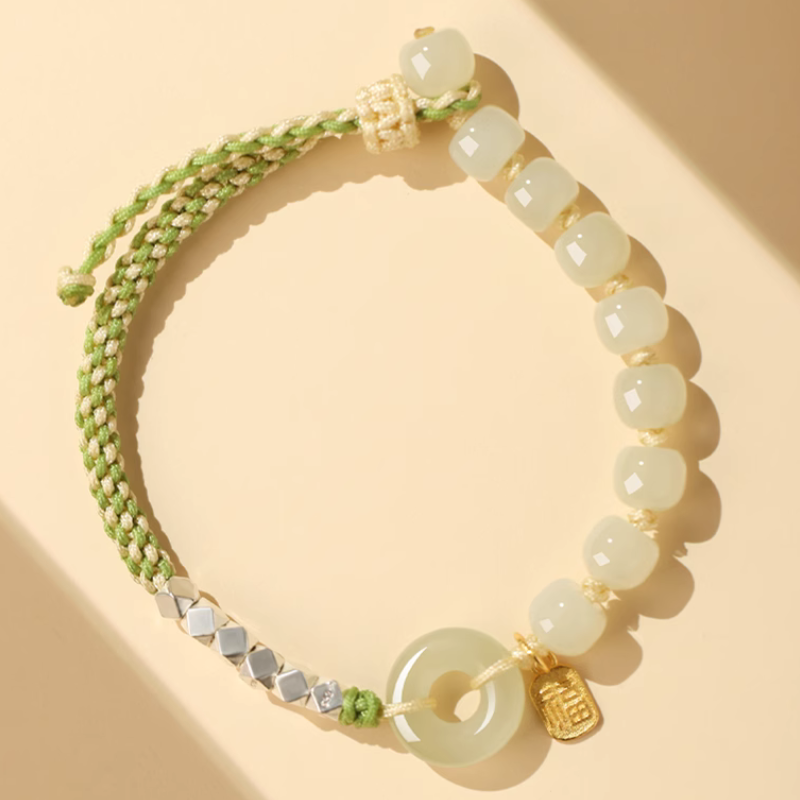 925 Sterling Spcer & Jade Ring Rope Braided Bracelet