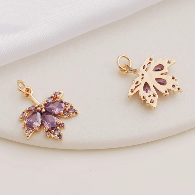 Brass 14K Gilded Zircon Maple Leaf Pendant Charms