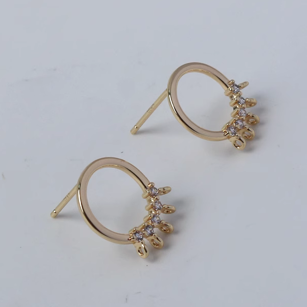 1 Pair Brass Zirconic Earring Ring 5 Hanging Rings, 14K Gold Plate