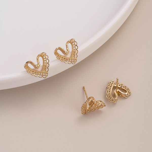 1 Pair Brass Heart Earring Studs Plate 14K Gold Plate