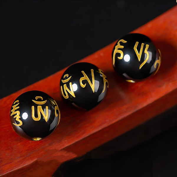 5pcs Agate Round Beads, Gold Foil Words