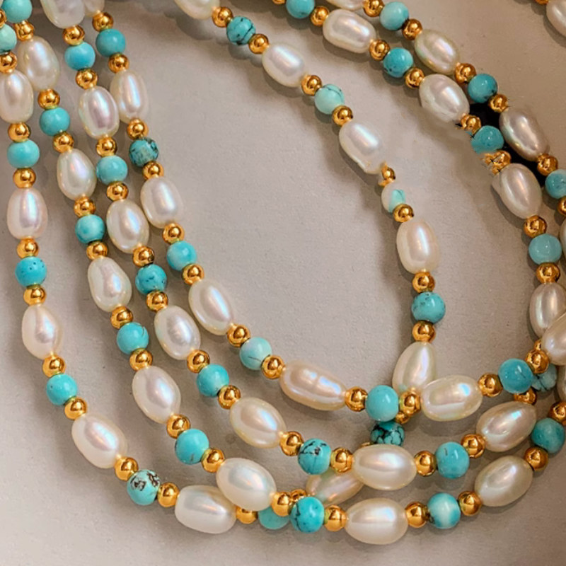 Nature Turquoise Gemstone Beads Pearls Necklace For Girls Women New Style