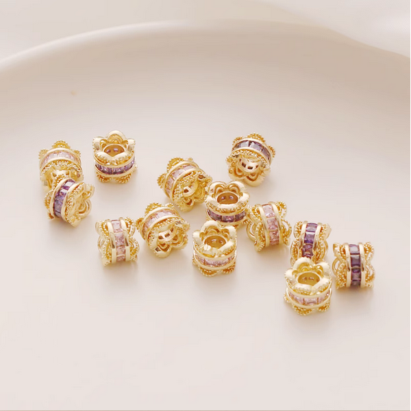 Alloy Column Crown Beads Spacer - 14K Plated + Zircon - AMCZ-02