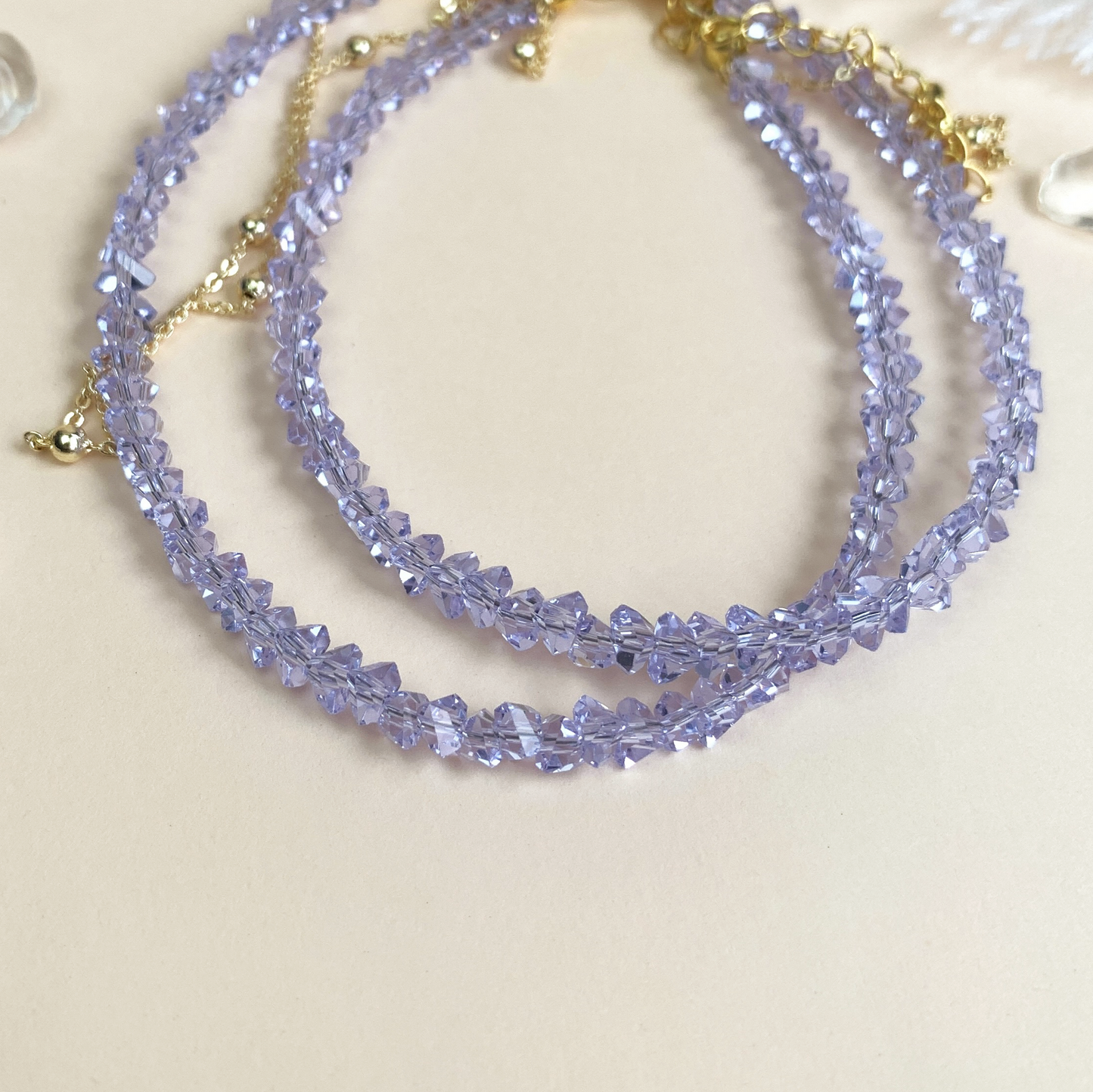 Violet Crystal Beads 14K Necklace Jewelry Double Layer