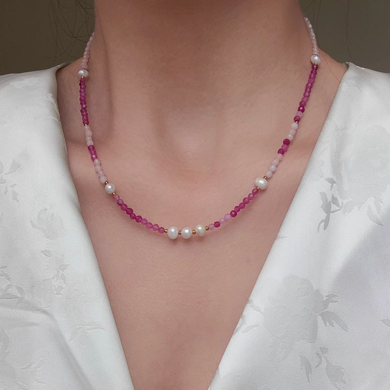 Rose Natural Stone Necklace Female Summer Light Luxury Niche Freshwater Baroque Pearls