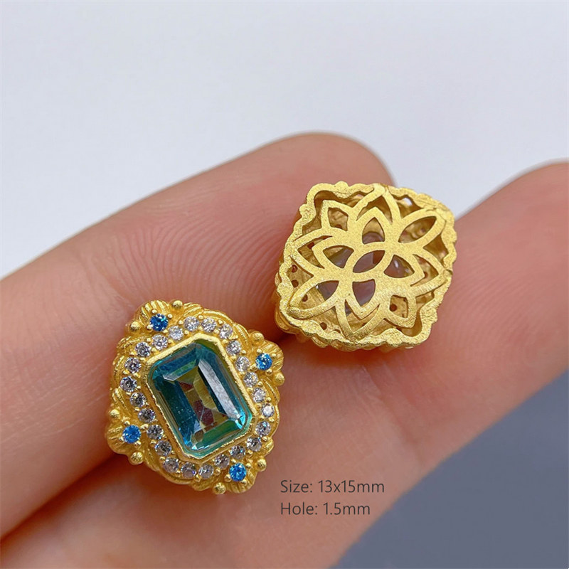 925 Silver Hollowed Gilded Base Topaz Gemstone Beads Spacers