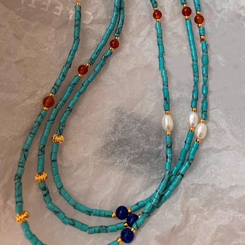 Nature Turquoise Stone Beads Fresh Water Pearls Handmade Necklace