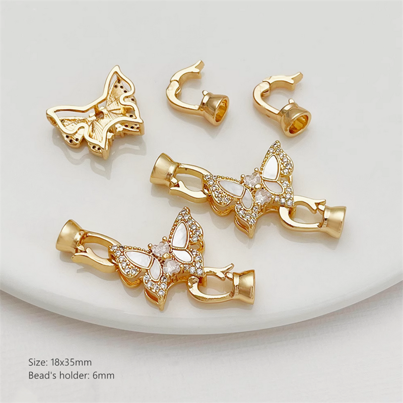 Brass Gilded Zircon Shell Butterfly Fold Over Clasp Jewelry Connector