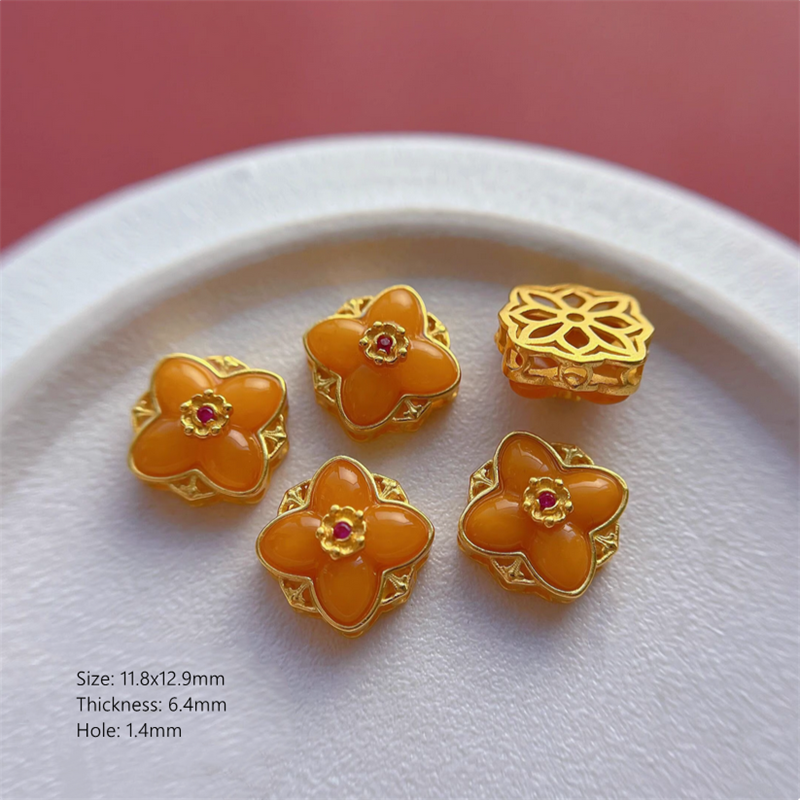 925 Silver Base Nature Beeswax Amber Stone Beads Spacer Charms Pendant