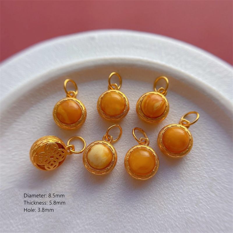 925 Silver Base Nature Beeswax Amber Stone Beads Spacer Charms Pendant