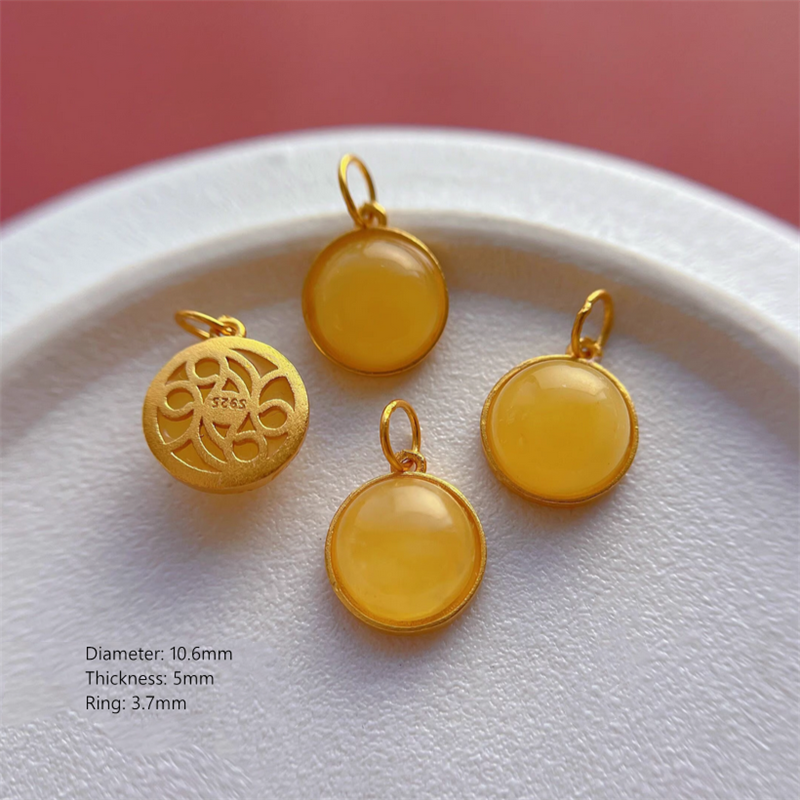 925 Silver Base Nature Beeswax Amber Stone Beads Spacer Charms Pendant