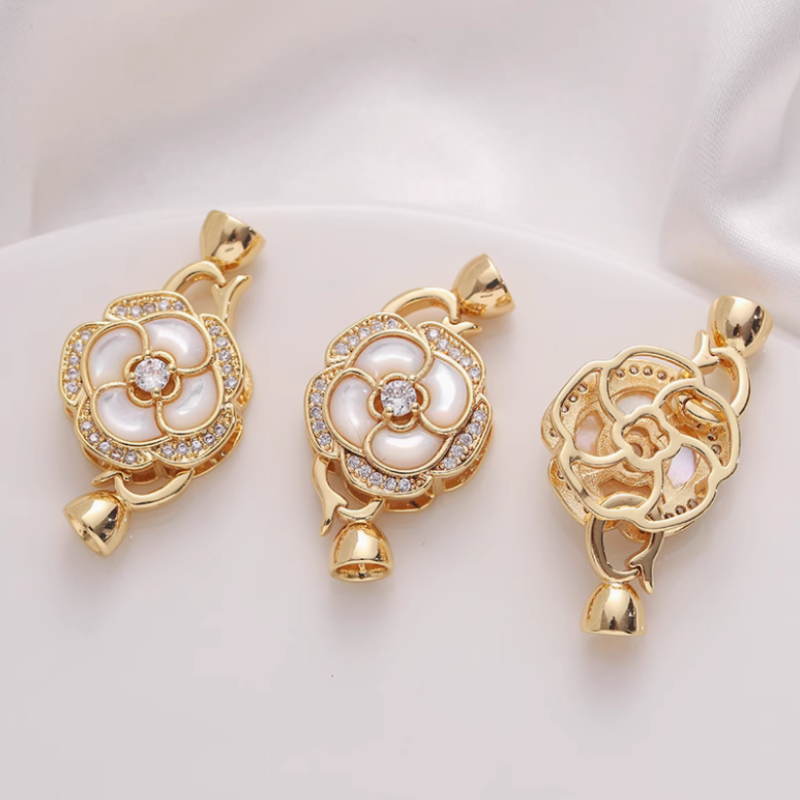 Brass Plated Shell Inlaid Flower Fold Over Clasp