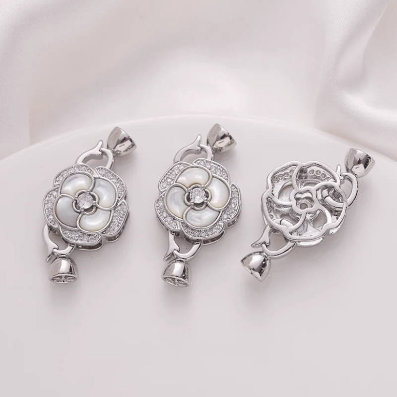Brass Plated Shell Inlaid Flower Fold Over Clasp