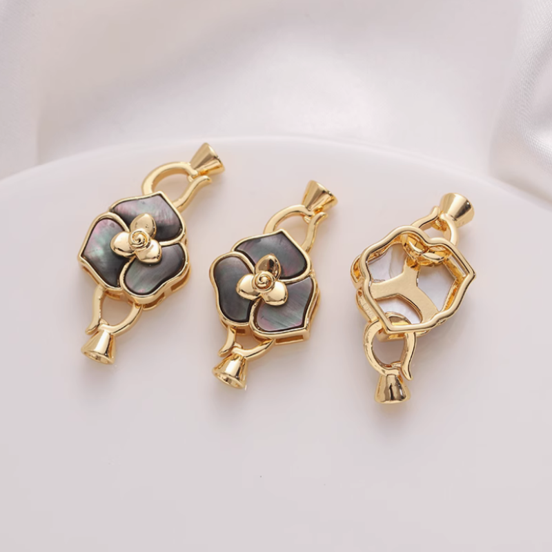 Brass Plated Shell Inlaid Flower Fold Over Clasp