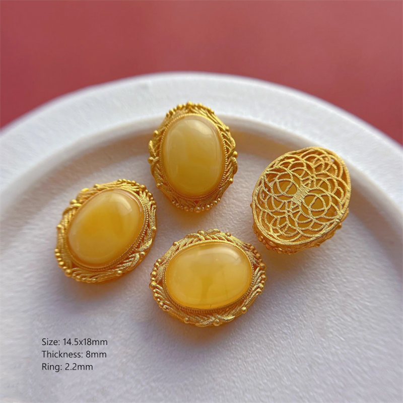925 Silver Base Nature Beeswax Amber Stone Beads Spacer Charms Pendant