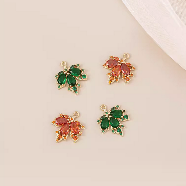 Brass 14K Gilded Zircon Maple Leaf Pendant Charms