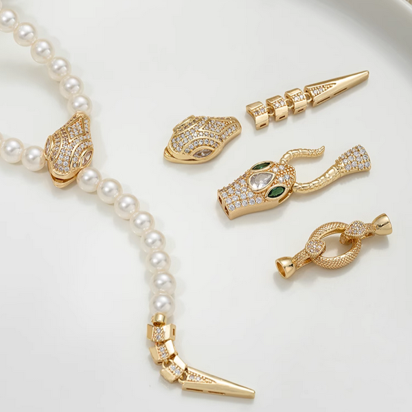 Brass 14K Plated Zircon Snake Bite Clip Clasp Pearl Beads Necklace Buckle