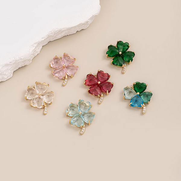 Brass Gold Plated Zircon Four Leaf Clover Pendant Charms
