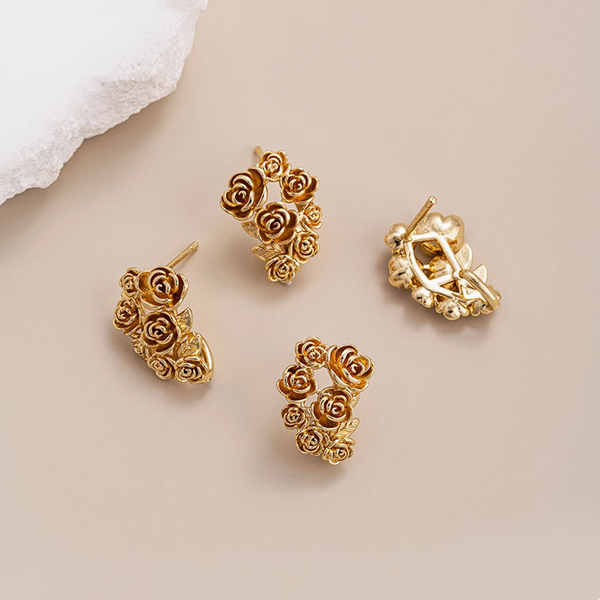 1 Pair Brass 14K Gilded Vivid Roses Curving Earring Stud Classic