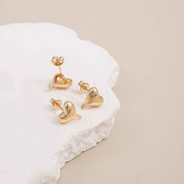 1 Pairs Brass 14K Gilded Heart Earring Studs With Hanging Ring