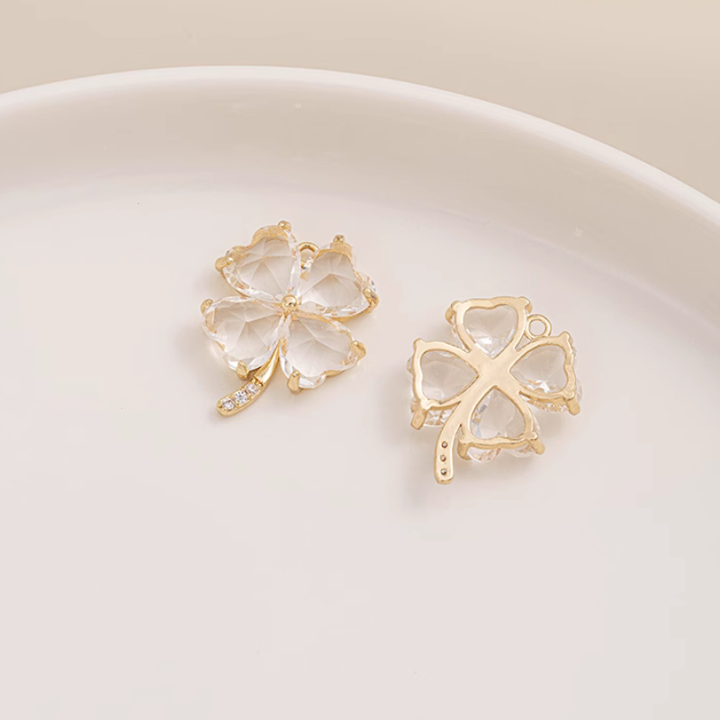 Brass Gold Plated Zircon Four Leaf Clover Pendant Charms