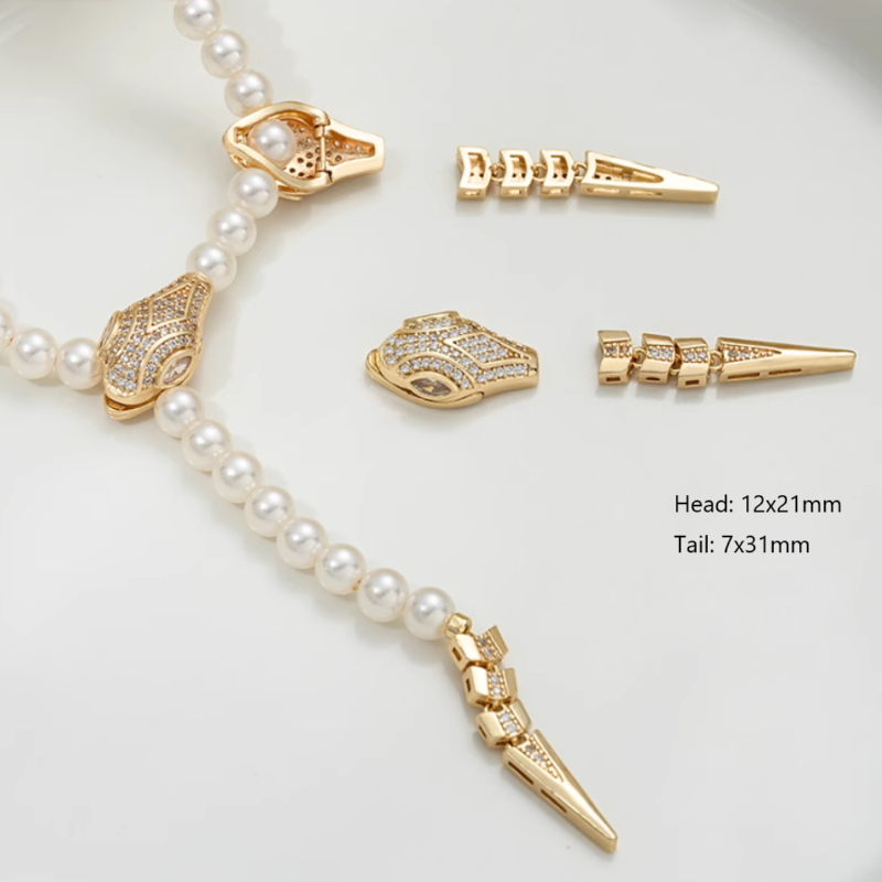 Brass 14K Plated Zircon Snake Bite Clip Clasp Pearl Beads Necklace Buckle