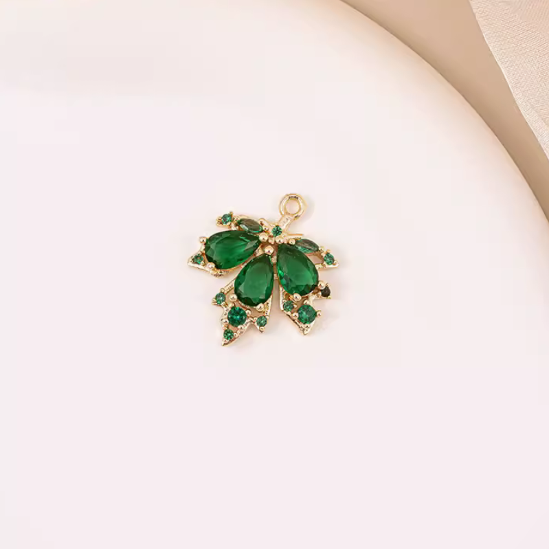 Brass 14K Gilded Zircon Maple Leaf Pendant Charms