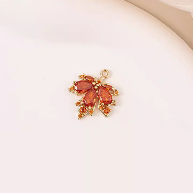 Brass 14K Gilded Zircon Maple Leaf Pendant Charms