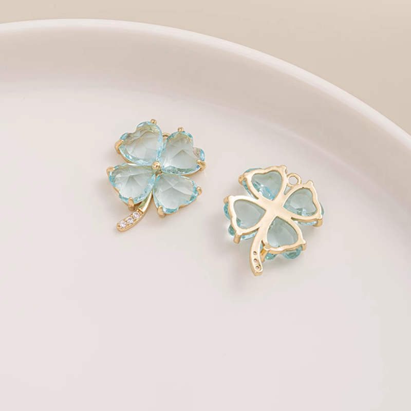 Brass Gold Plated Zircon Four Leaf Clover Pendant Charms