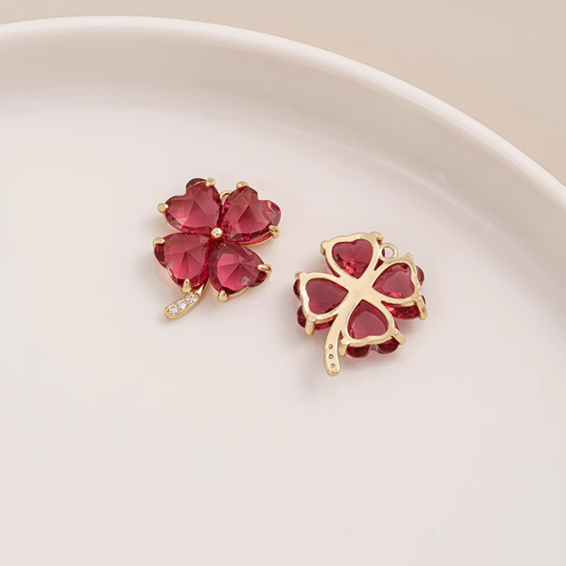 Brass Gold Plated Zircon Four Leaf Clover Pendant Charms