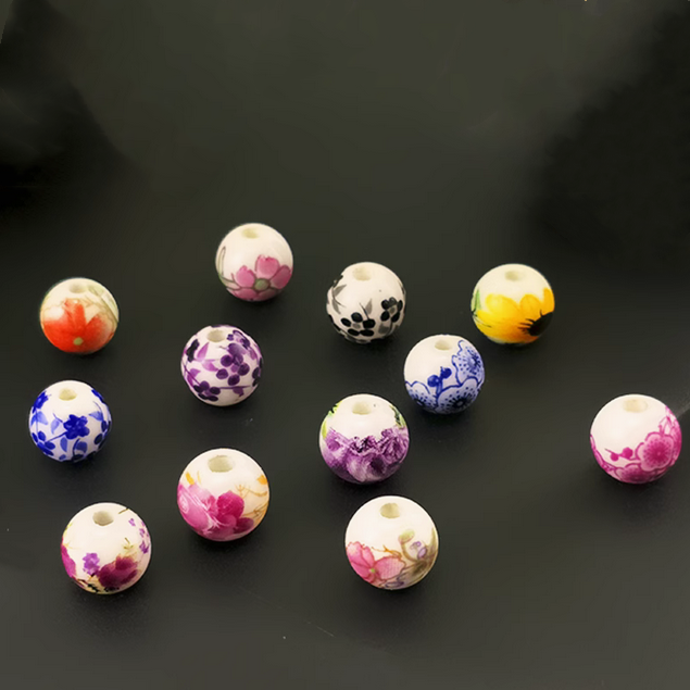 5pcs Ceramics Glazed Beads Flower Plants Drawing Paintings