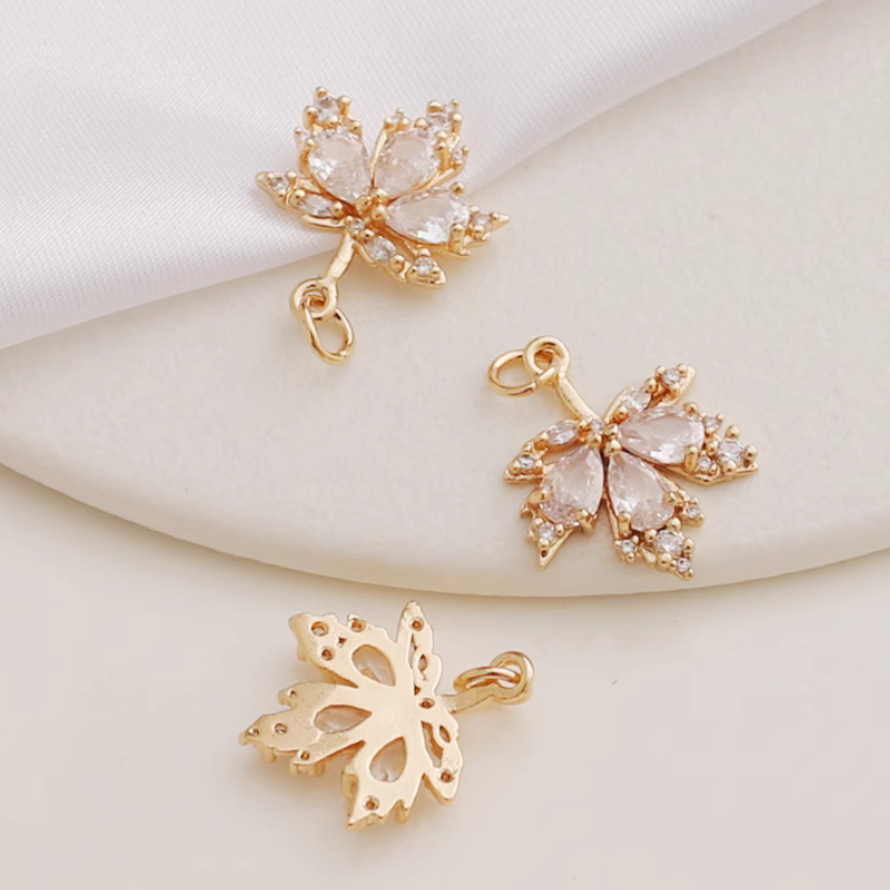 Brass 14K Gilded Zircon Maple Leaf Pendant Charms