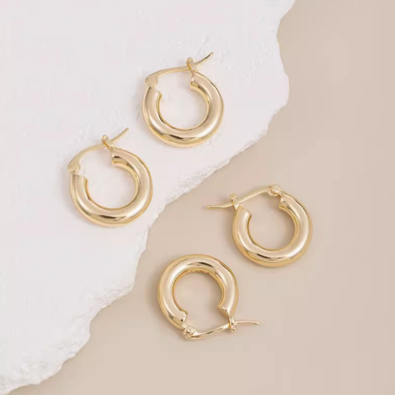 1 Pairs Brass French Circle Style Ring Chunky Earring Plain Gold
