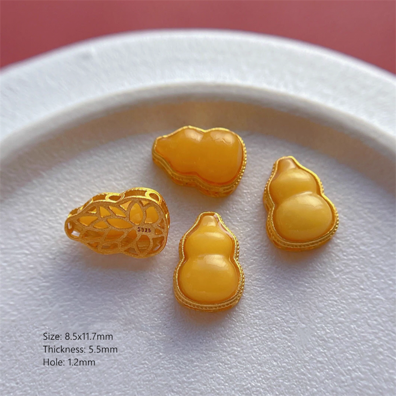 925 Silver Base Nature Beeswax Amber Stone Beads Spacer Charms Pendant