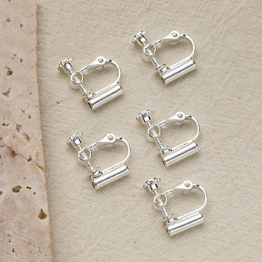 1 Pairs Brass Ear Clip Base Tube With Silicone, Silver Plated - ERRJ-01