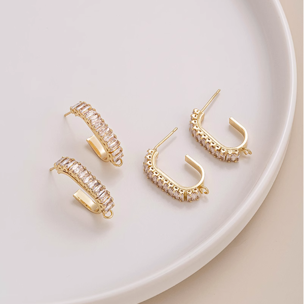 1 Pair Brass C Shape Zirconic Earring Hooks, 14K Gold Plate