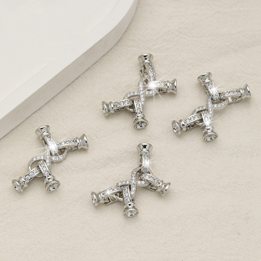 Brass X Shape Zirconic Spring Clasp, Platinum Plated -CMSJ-02