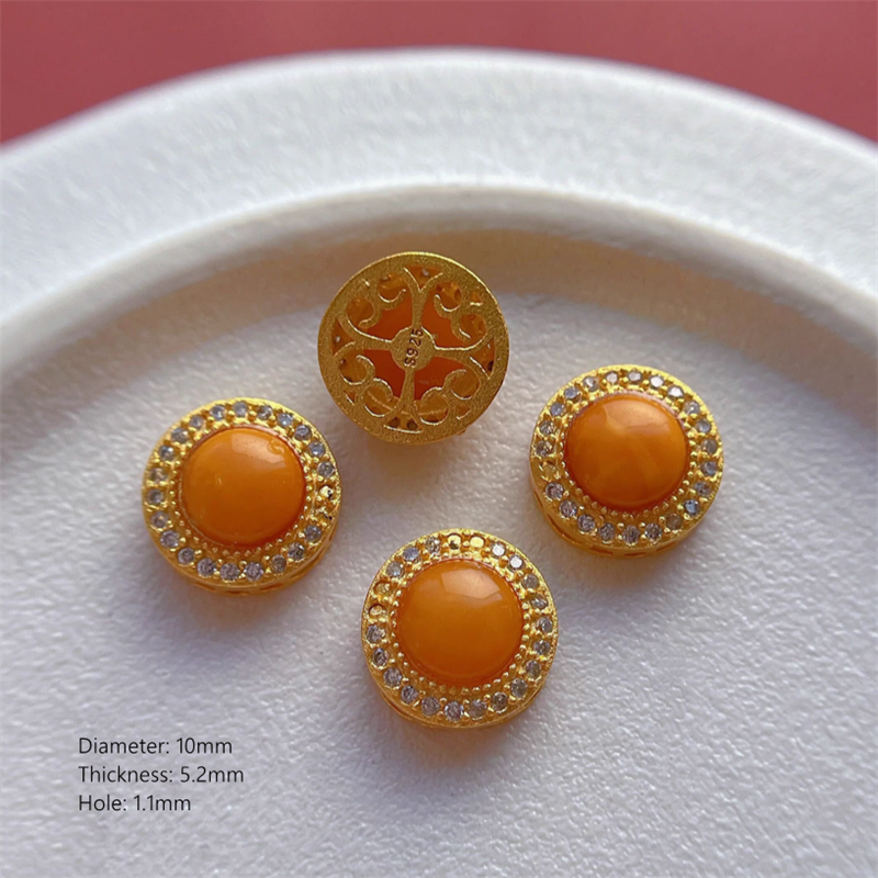 925 Silver Base Nature Beeswax Amber Stone Beads Spacer Charms Pendant