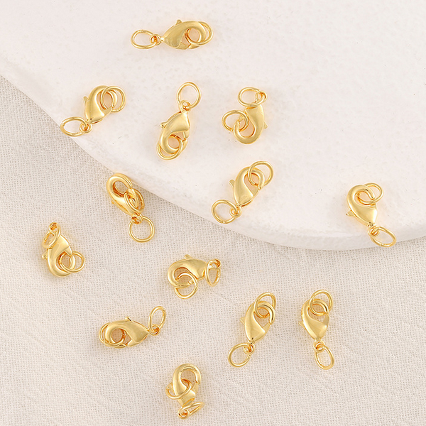 10pcs Brass 6x10mm Lobster Claw Clasp Double Rings, 18K Plated - CMSL-05