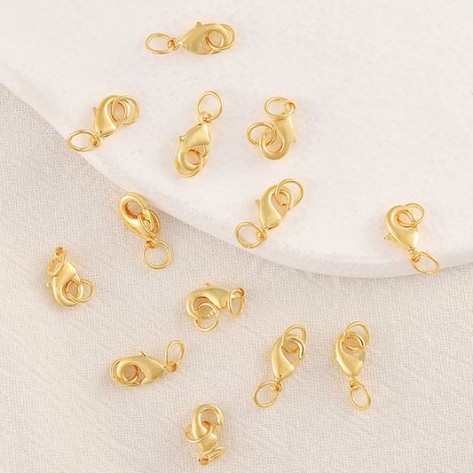 10pcs Brass 6x10mm Lobster Claw Clasp Double Rings, 18K Plated - CMSL-05