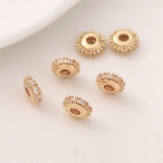 Alloy Zircon Flat Round Beads Spacer - 14K Plated + Zircon - AMFZ-01