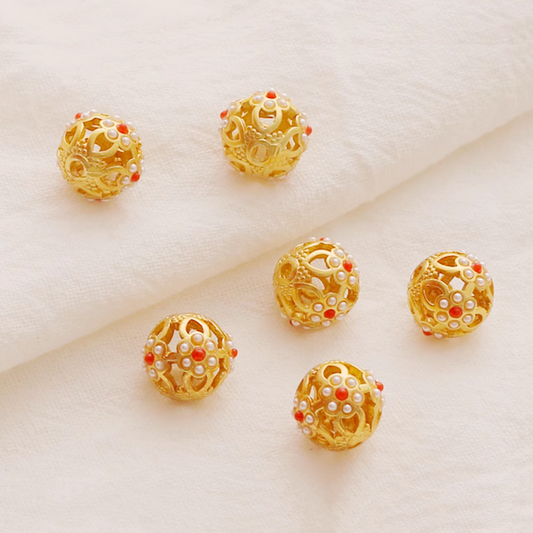 Alloy Round Hollow Beads Spacer - 18K Gold Plated + Zircon- AMYX-01