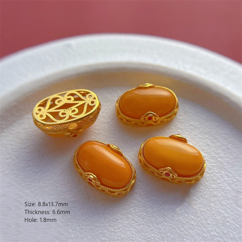 925 Silver Base Nature Beeswax Amber Stone Beads Spacer Charms Pendant
