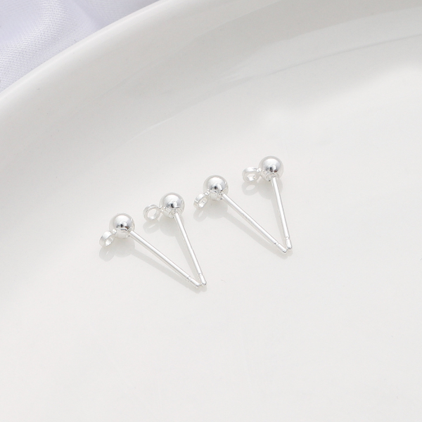 1 Pair 3x14mm Sterling Silver Ball Earring Studs, Silver Plated - ERDD-05