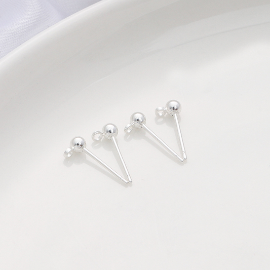 1 Pair 3x14mm Sterling Silver Ball Earring Studs, Silver Plated - ERDD-05
