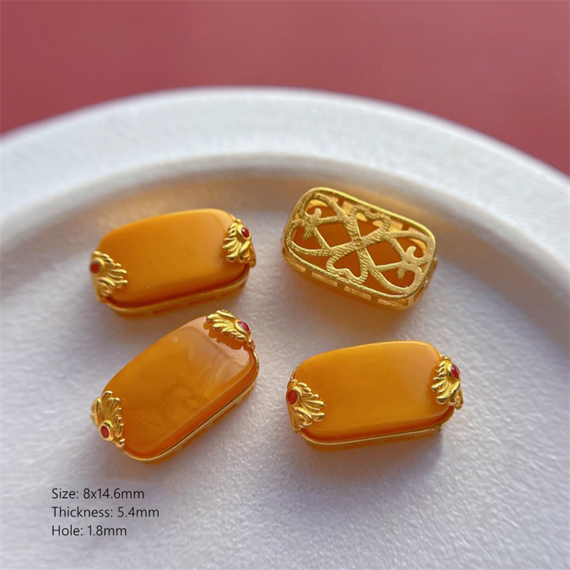 925 Silver Base Nature Beeswax Amber Stone Beads Spacer Charms Pendant
